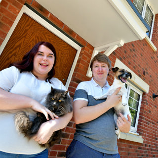 2894E Abby And Travis Pictured With Their Pet Cat Molly And Jack Russel Puppy Missy Outside Their New Home At Ymyl Yr Afon